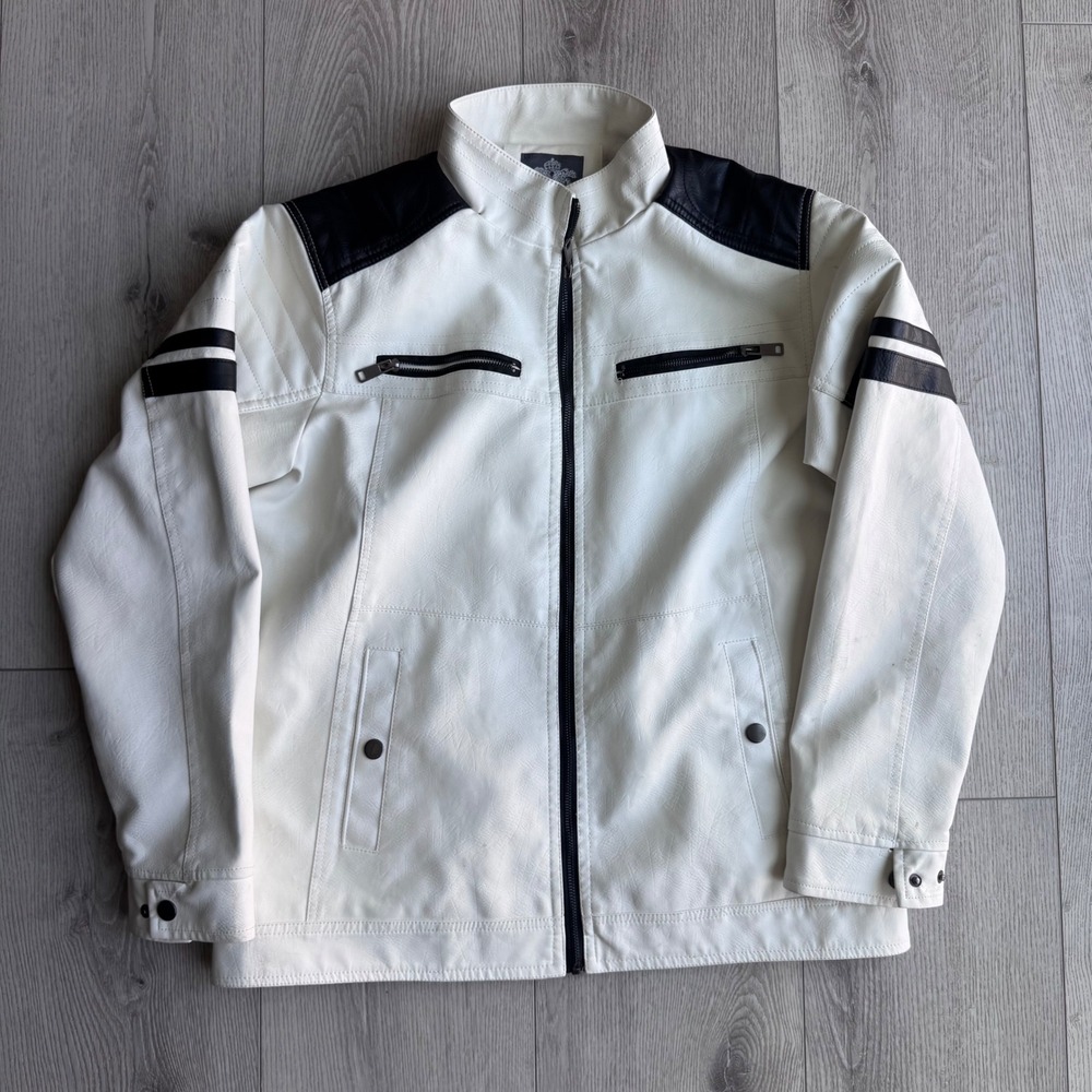 Bleu Grandeur Mens L White Black Faux Leather Moto Jacket Sherpa Lined Biker